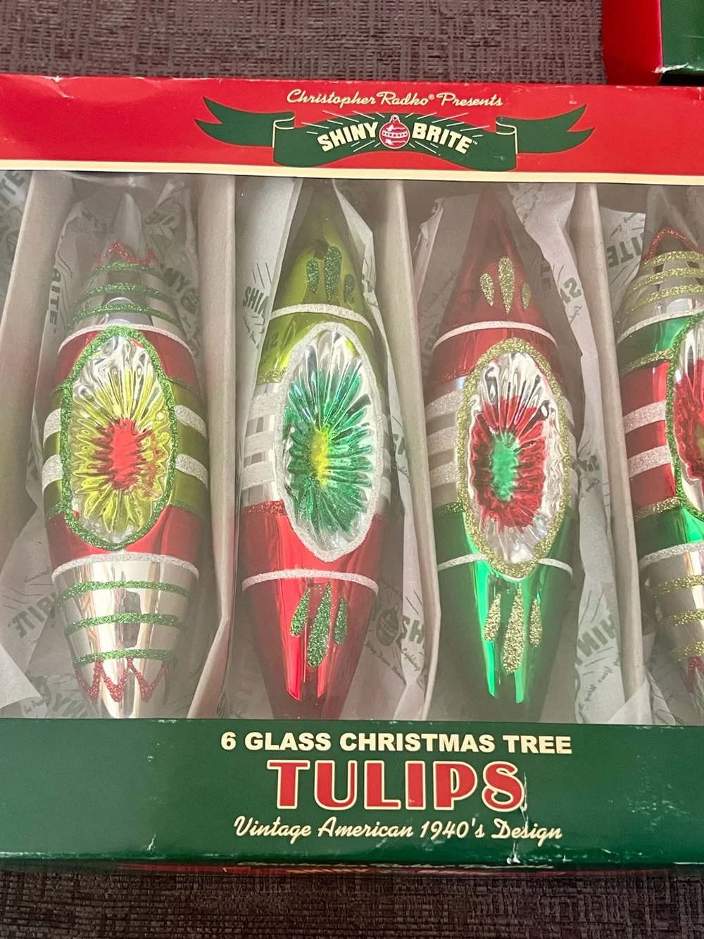 Christopher Radko Red and Green Vintage design ornaments. Lot of 4 boxes